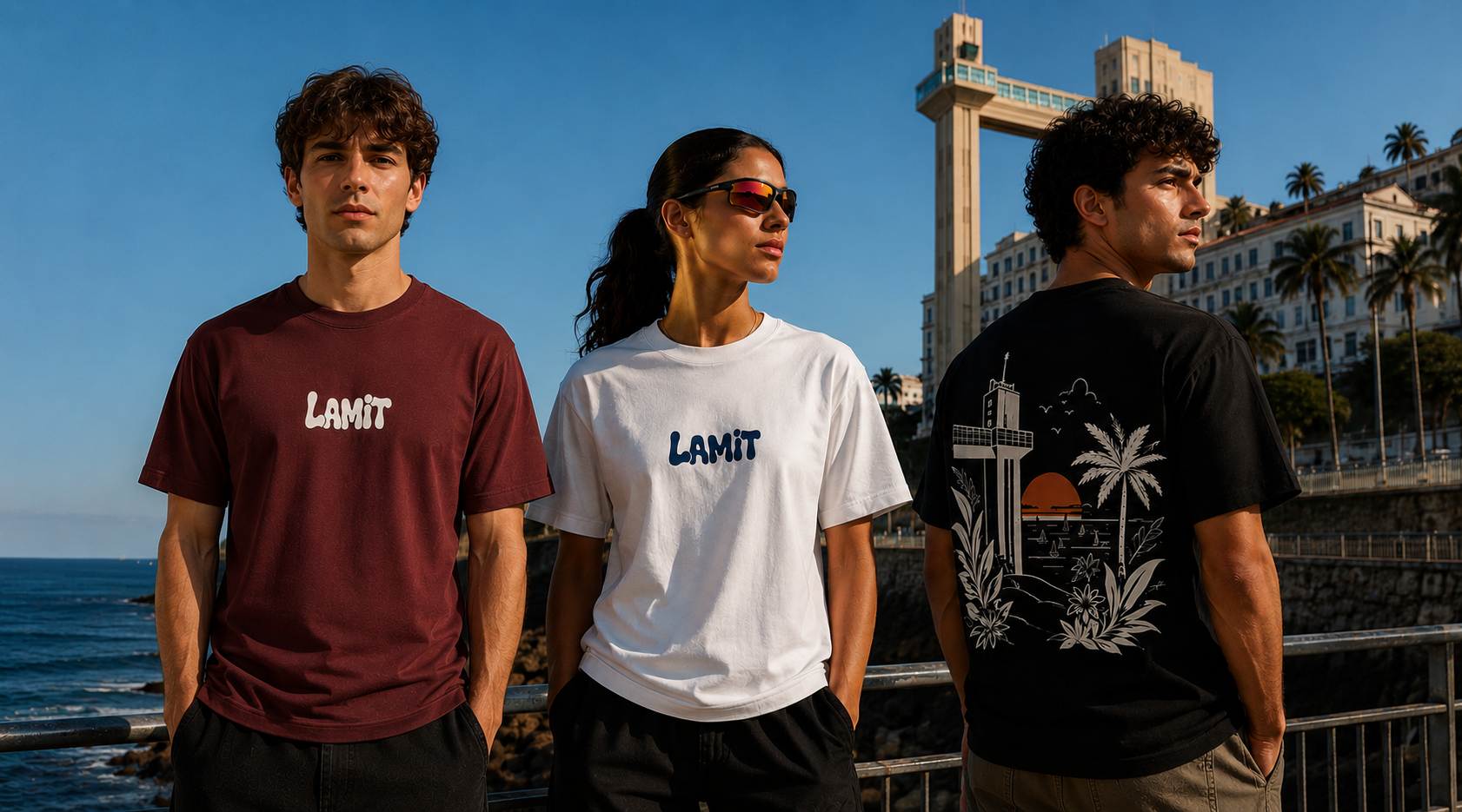 Três pessoas vestindo camisetas da coleção LAMIT em Salvador